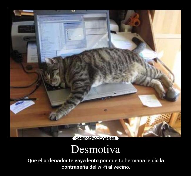 Desmotiva - Que el ordenador te vaya lento por que tu hermana le dio la
contraseña del wi-fi al vecino.