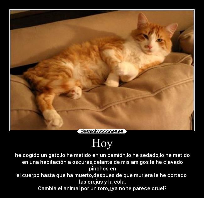 Hoy - he cogido un gato,lo he metido en un camión,lo he sedado,lo he metido
en una habitación a oscuras,delante de mis amigos le he clavado pinchos en
el cuerpo hasta que ha muerto,despues de que muriera le he cortado
las orejas y la cola.
Cambia el animal por un toro,¿ya no te parece cruel?