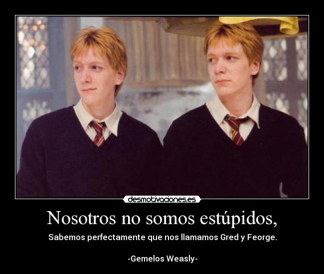 Nosotros no somos estúpidos, - Sabemos perfectamente que nos llamamos Gred y Feorge.
-Gemelos Weasly-