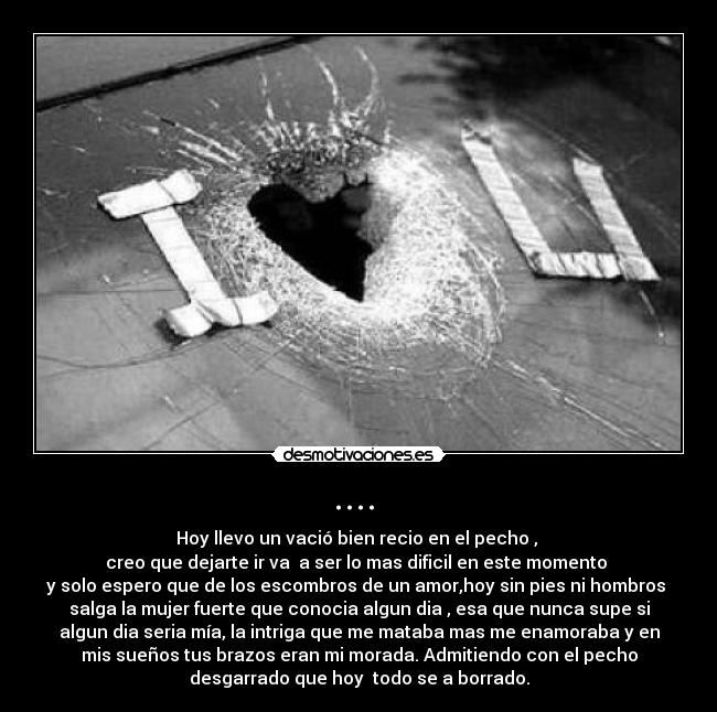 .... - Hoy llevo un vació bien recio en el pecho ,
creo que dejarte ir va a ser lo mas dificil en este momento
y solo espero que de los escombros de un amor,hoy sin pies ni hombros
salga la mujer fuerte que conocia algun dia , esa que nunca supe si
algun dia seria mía, la intriga que me mataba mas me enamoraba y en
mis sueños tus brazos eran mi morada. Admitiendo con el pecho
desgarrado que hoy todo se a borrado.
