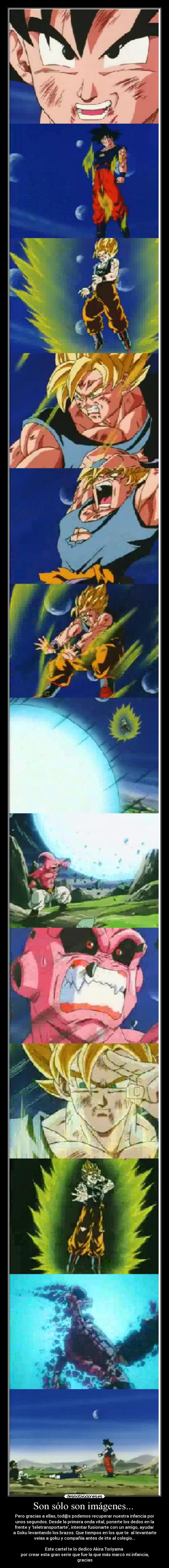 Son sólo son imágenes... - Pero gracias a ellas, tod@s podemos recuperar nuestra infancia por
unos segundos. Desde la primera onda vital, ponerte los dedos en la
frente y teletransportarte, intentar fusionarte con un amigo, ayudar
a Goku levantando los brazos. Que tiempos en los que te al levantarte
veías a goku y compañía antes de irte al colegio...
Este cartel te lo dedico Akira Toriyama
por crear esta gran serie que fue la que más marcó mi infancia,
gracias