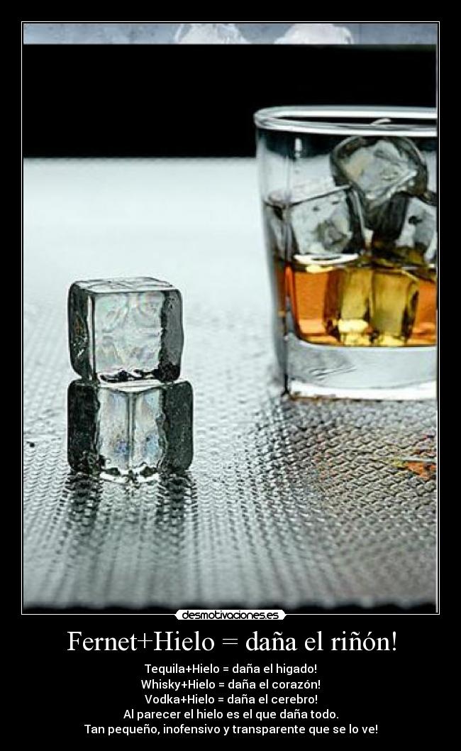 Fernet+Hielo = daña el riñón! - Tequila+Hielo = daña el higado!
Whisky+Hielo = daña el corazón!
Vodka+Hielo = daña el cerebro!
Al parecer el hielo es el que daña todo.
Tan pequeño, inofensivo y transparente que se lo ve!