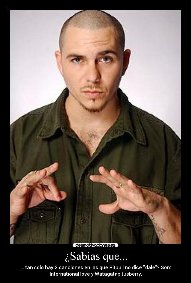 ¿Sabias que... - ... tan solo hay 2 canciones en las que Pitbull no dice dale? Son:
International love y Watagatapitusberry.