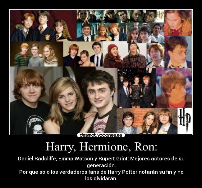 Harry, Hermione, Ron: - Daniel Radcliffe, Emma Watson y Rupert Grint: Mejores actores de su generación.
Por que solo los verdaderos fans de Harry Potter notarán su fin y no los olvidarán.