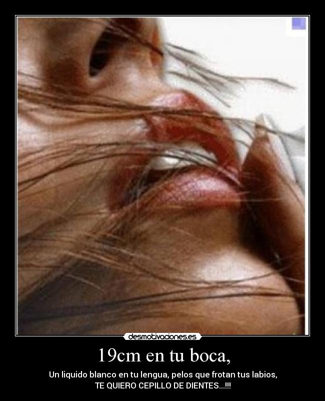 19cm en tu boca, - Un liquido blanco en tu lengua, pelos que frotan tus labios,
TE QUIERO CEPILLO DE DIENTES...!!!