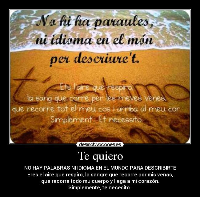 Te quiero - NO HAY PALABRAS NI IDIOMA EN EL MUNDO PARA DESCRIBIRTE
Eres el aire que respiro, la sangre que recorre por mis venas,
que recorre todo mu cuerpo y llega a mi corazón.
Simplemente, te necesito.