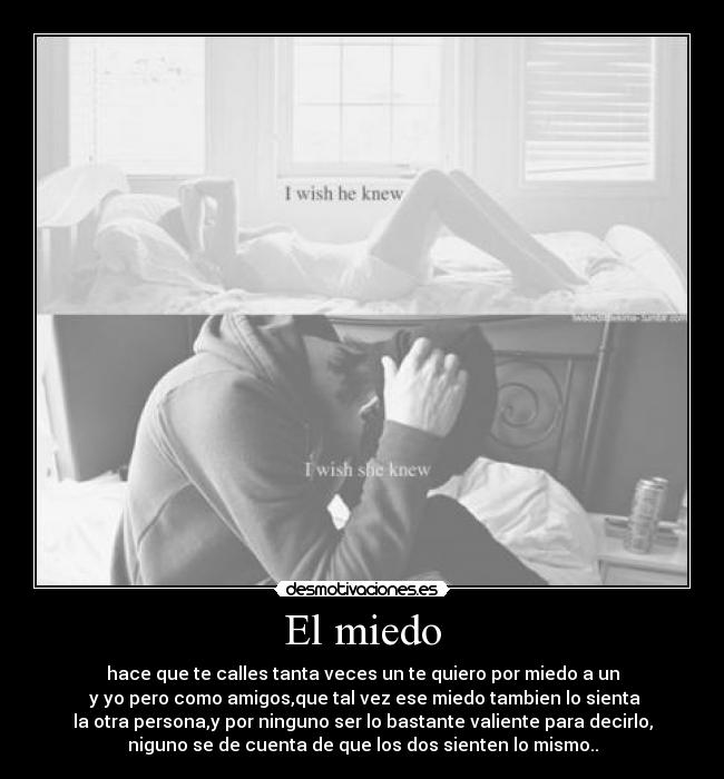 El miedo - hace que te calles tanta veces un te quiero por miedo a un
y yo pero como amigos,que tal vez ese miedo tambien lo sienta
la otra persona,y por ninguno ser lo bastante valiente para decirlo,
niguno se de cuenta de que los dos sienten lo mismo..