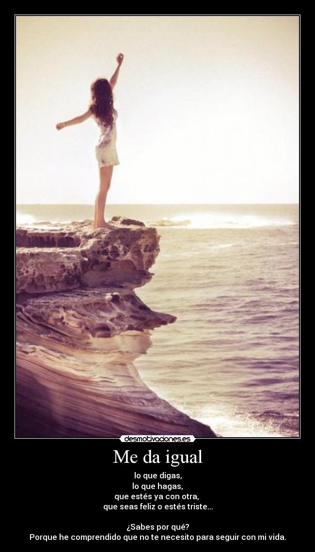 Me da igual - lo que digas,
 lo que hagas, 
que estés ya con otra, 
que seas feliz o estés triste...

¿Sabes por qué?
Porque he comprendido que no te necesito para seguir con mi vida.