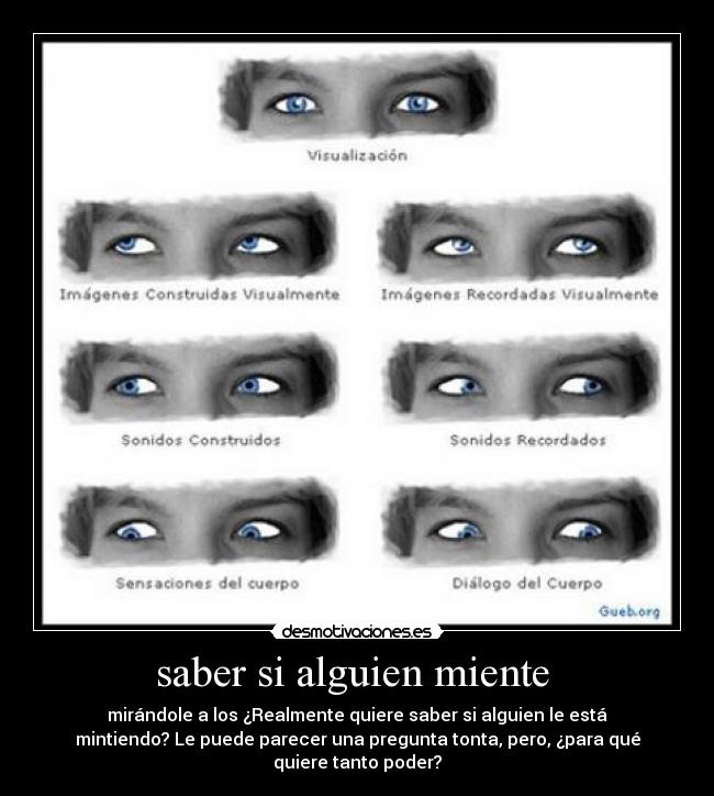 saber si alguien miente  - mirándole a los ¿Realmente quiere saber si alguien le está
mintiendo? Le puede parecer una pregunta tonta, pero, ¿para qué
quiere tanto poder?