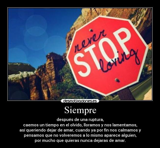 Siempre - después de una ruptura,
caemos un tiempo en el olvido, lloramos y nos lamentamos,
así queriendo dejar de amar, cuando ya por fin nos calmamos y
pensamos que no volveremos a lo mismo aparece alguien,
por mucho que quieras nunca dejaras de amar.