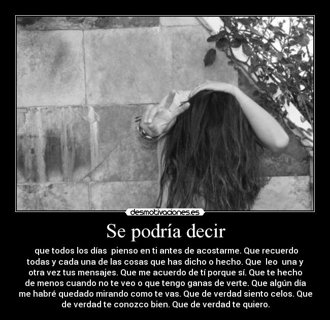 Se podría decir -  que todos los días  pienso en ti antes de acostarme. Que recuerdo
todas y cada una de las cosas que has dicho o hecho. Que  leo  una y
otra vez tus mensajes. Que me acuerdo de tí porque sí. Que te hecho
de menos cuando no te veo o que tengo ganas de verte. Que algún día
me habré quedado mirando como te vas. Que de verdad siento celos. Que
de verdad te conozco bien. Que de verdad te quiero.