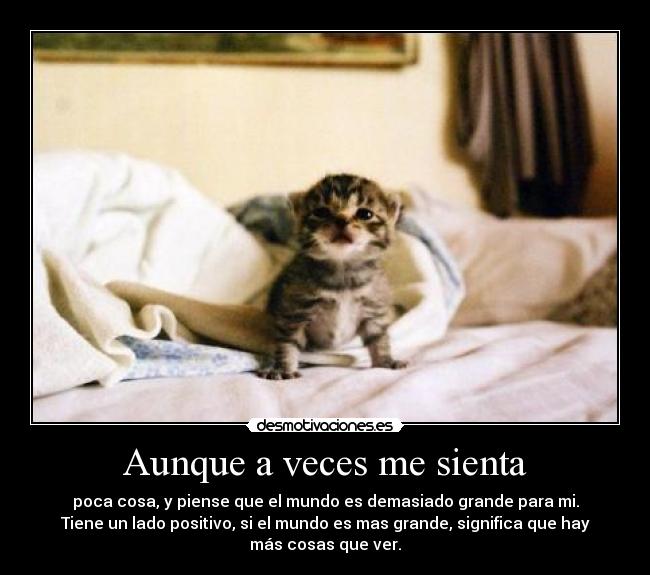 Aunque a veces me sienta - poca cosa, y piense que el mundo es demasiado grande para mi.
Tiene un lado positivo, si el mundo es mas grande, significa que hay
más cosas que ver.