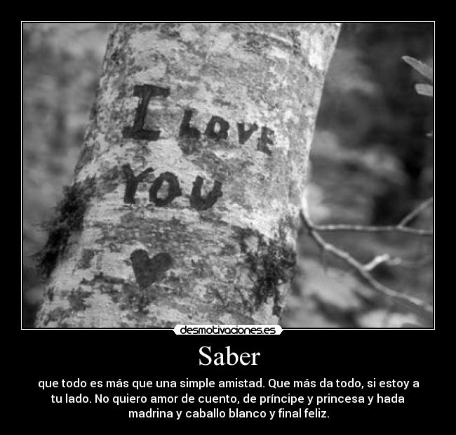 Saber - que todo es más que una simple amistad. Que más da todo, si estoy a
tu lado. No quiero amor de cuento, de príncipe y princesa y hada
madrina y caballo blanco y final feliz.