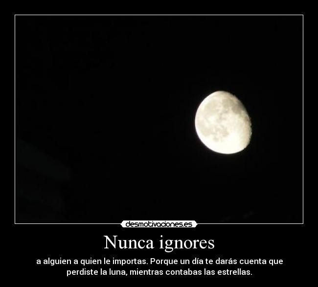 Nunca ignores - a alguien a quien le importas. Porque un día te darás cuenta que
perdiste la luna, mientras contabas las estrellas.