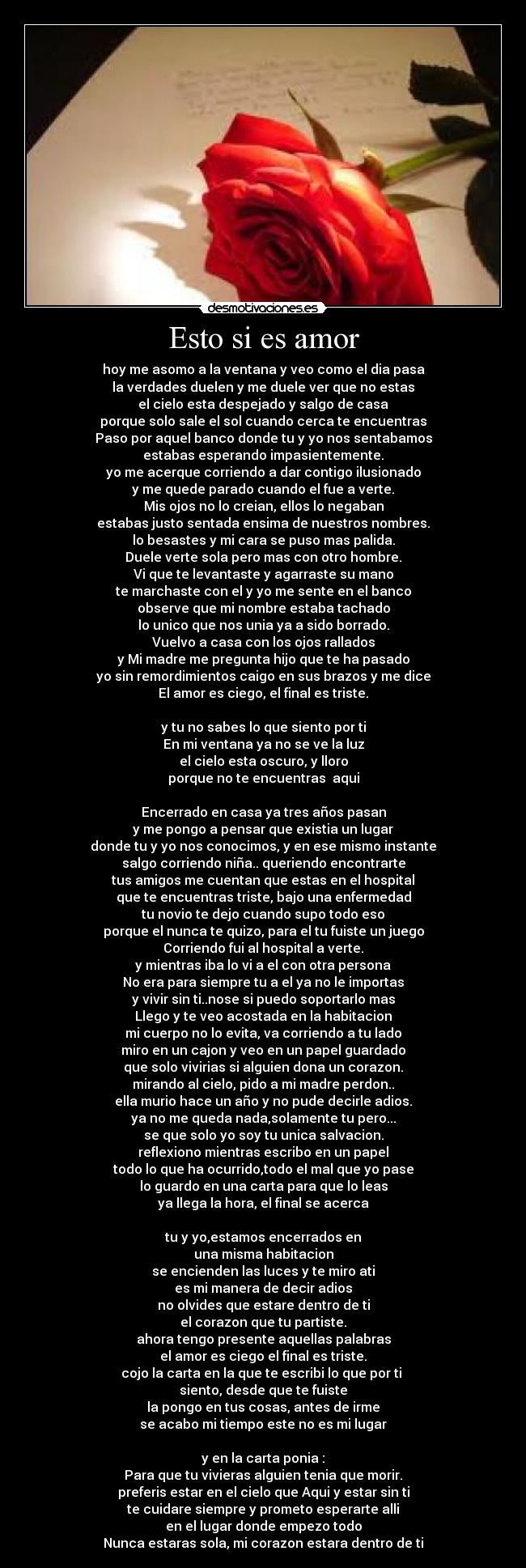 Esto si es amor - hoy me asomo a la ventana y veo como el dia pasa
la verdades duelen y me duele ver que no estas
el cielo esta despejado y salgo de casa
porque solo sale el sol cuando cerca te encuentras
Paso por aquel banco donde tu y yo nos sentabamos
estabas esperando impasientemente.
yo me acerque corriendo a dar contigo ilusionado
y me quede parado cuando el fue a verte.
Mis ojos no lo creian, ellos lo negaban
estabas justo sentada ensima de nuestros nombres.
lo besastes y mi cara se puso mas palida.
Duele verte sola pero mas con otro hombre.
Vi que te levantaste y agarraste su mano
te marchaste con el y yo me sente en el banco
observe que mi nombre estaba tachado
lo unico que nos unia ya a sido borrado.
Vuelvo a casa con los ojos rallados
y Mi madre me pregunta hijo que te ha pasado
yo sin remordimientos caigo en sus brazos y me dice
El amor es ciego, el final es triste.
y tu no sabes lo que siento por ti
En mi ventana ya no se ve la luz
el cielo esta oscuro, y lloro
porque no te encuentras aqui
Encerrado en casa ya tres años pasan
y me pongo a pensar que existia un lugar
donde tu y yo nos conocimos, y en ese mismo instante
salgo corriendo niña.. queriendo encontrarte
tus amigos me cuentan que estas en el hospital
que te encuentras triste, bajo una enfermedad
tu novio te dejo cuando supo todo eso
porque el nunca te quizo, para el tu fuiste un juego
Corriendo fui al hospital a verte.
y mientras iba lo vi a el con otra persona
No era para siempre tu a el ya no le importas
y vivir sin ti..nose si puedo soportarlo mas
Llego y te veo acostada en la habitacion
mi cuerpo no lo evita, va corriendo a tu lado
miro en un cajon y veo en un papel guardado
que solo vivirias si alguien dona un corazon.
mirando al cielo, pido a mi madre perdon..
ella murio hace un año y no pude decirle adios.
ya no me queda nada,solamente tu pero...
se que solo yo soy tu unica salvacion.
reflexiono mientras escribo en un papel
todo lo que ha ocurrido,todo el mal que yo pase
lo guardo en una carta para que lo leas
ya llega la hora, el final se acerca
tu y yo,estamos encerrados en
una misma habitacion
se encienden las luces y te miro ati
es mi manera de decir adios
no olvides que estare dentro de ti
el corazon que tu partiste.
ahora tengo presente aquellas palabras
el amor es ciego el final es triste.
cojo la carta en la que te escribi lo que por ti
siento, desde que te fuiste
la pongo en tus cosas, antes de irme
se acabo mi tiempo este no es mi lugar
y en la carta ponia :
Para que tu vivieras alguien tenia que morir.
preferis estar en el cielo que Aqui y estar sin ti
te cuidare siempre y prometo esperarte alli
en el lugar donde empezo todo
Nunca estaras sola, mi corazon estara dentro de ti