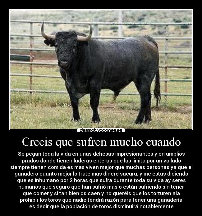 Creeis que sufren mucho cuando - Se pegan toda la vida en unas dehesas impresionantes y en amplios
prados donde tienen laderas enteras que las limita por un vallado
siempre tienen comida es mas viven mejor que muchas personas ya que el
ganadero cuanto mejor lo trate mas dinero sacara. y me estas diciendo
que es inhumano por 2 horas que sufra durante toda su vida ay seres
humanos que seguro que han sufrió mas o están sufriendo sin tener
que comer y si tan bien os caen y no queréis que los torturen ala
prohibir los toros que nadie tendrá razón para tener una ganadería
es decir que la población de toros disminuirá notablemente