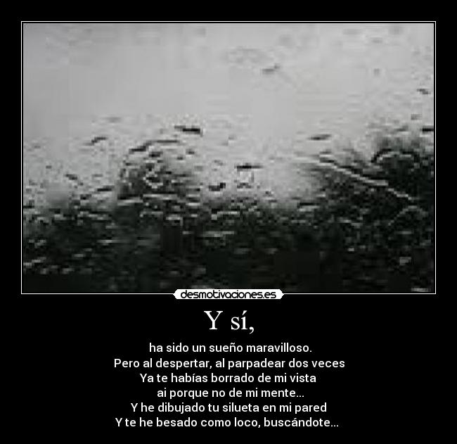 Y sí, -  ha sido un sueño maravilloso.
Pero al despertar, al parpadear dos veces
Ya te habías borrado de mi vista
 ai porque no de mi mente...
Y he dibujado tu silueta en mi pared
Y te he besado como loco, buscándote... 