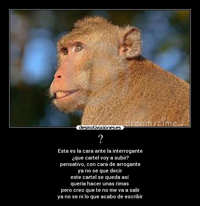 ? - Esta es la cara ante la interrogante
¿que cartel voy a subir?
pensativo, con cara de arrogante
ya no se que decir
este cartel se queda así
quería hacer unas rimas
pero creo que te no me va a salir
ya no se ni lo que acabo de escribir