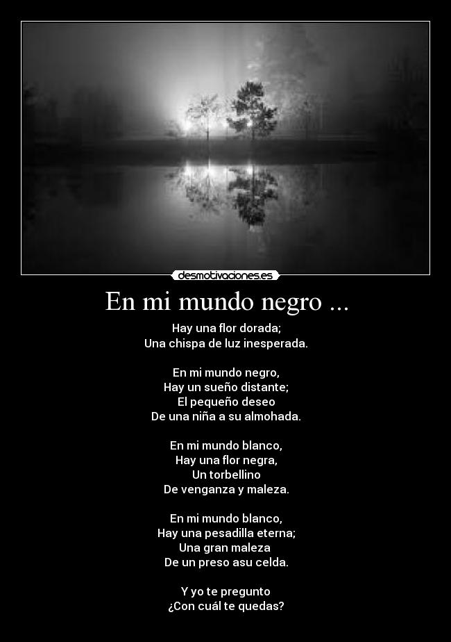 En mi mundo negro ... - Hay una flor dorada;
Una chispa de luz inesperada.

En mi mundo negro,
Hay un sueño distante;
El pequeño deseo
De una niña a su almohada.

En mi mundo blanco,
Hay una flor negra,
Un torbellino
De venganza y maleza.

En mi mundo blanco,
Hay una pesadilla eterna;
Una gran maleza 
De un preso asu celda.

Y yo te pregunto
¿Con cuál te quedas?
