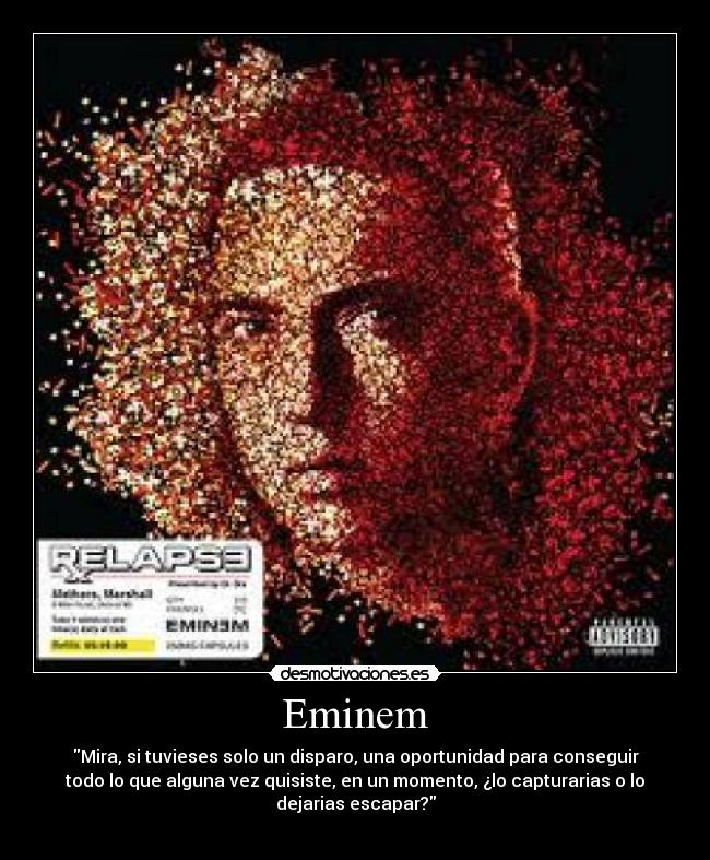 Eminem - Mira, si tuvieses solo un disparo, una oportunidad para conseguir
todo lo que alguna vez quisiste, en un momento, ¿lo capturarias o lo
dejarias escapar?
