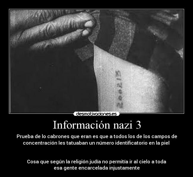 Información nazi 3 - Prueba de lo cabrones que eran es que a todos los de los campos de
concentración les tatuaban un número identificatorio en la piel
Cosa que según la religión judía no permitía ir al cielo a toda
esa gente encarcelada injustamente