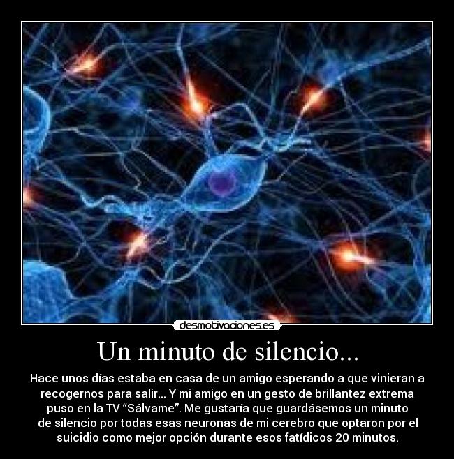 Un minuto de silencio... - Hace unos días estaba en casa de un amigo esperando a que vinieran a
recogernos para salir... Y mi amigo en un gesto de brillantez extrema
puso en la TV “Sálvame”. Me gustaría que guardásemos un minuto
de silencio por todas esas neuronas de mi cerebro que optaron por el
suicidio como mejor opción durante esos fatídicos 20 minutos.