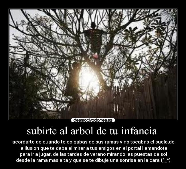 subirte al arbol de tu infancia  - acordarte de cuando te colgabas de sus ramas y no tocabas el suelo,de
la ilusion que te daba el mirar a tus amigos en el portal llamandote
para ir a jugar, de las tardes de verano mirando las puestas de sol
desde la rama mas alta y que se te dibuje una sonrisa en la cara (^_^)