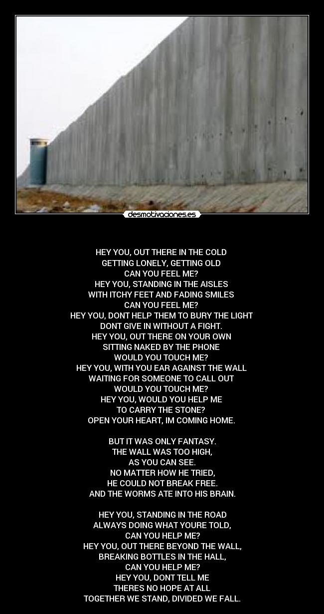   - HEY YOU, OUT THERE IN THE COLD 
GETTING LONELY, GETTING OLD 
CAN YOU FEEL ME? 
HEY YOU, STANDING IN THE AISLES 
WITH ITCHY FEET AND FADING SMILES 
CAN YOU FEEL ME? 
HEY YOU, DONT HELP THEM TO BURY THE LIGHT 
DONT GIVE IN WITHOUT A FIGHT. 
HEY YOU, OUT THERE ON YOUR OWN 
SITTING NAKED BY THE PHONE 
WOULD YOU TOUCH ME? 
HEY YOU, WITH YOU EAR AGAINST THE WALL 
WAITING FOR SOMEONE TO CALL OUT 
WOULD YOU TOUCH ME? 
HEY YOU, WOULD YOU HELP ME 
TO CARRY THE STONE? 
OPEN YOUR HEART, IM COMING HOME. 

BUT IT WAS ONLY FANTASY.
THE WALL WAS TOO HIGH,
AS YOU CAN SEE.
NO MATTER HOW HE TRIED,
HE COULD NOT BREAK FREE.
AND THE WORMS ATE INTO HIS BRAIN.

HEY YOU, STANDING IN THE ROAD
ALWAYS DOING WHAT YOURE TOLD,
CAN YOU HELP ME?
HEY YOU, OUT THERE BEYOND THE WALL,
BREAKING BOTTLES IN THE HALL,
CAN YOU HELP ME?
HEY YOU, DONT TELL ME
THERES NO HOPE AT ALL
TOGETHER WE STAND, DIVIDED WE FALL.