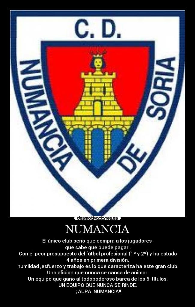 NUMANCIA - El único club serio que compra a los jugadores 
que sabe que puede pagar .
Con el peor presupuesto del fútbol profesional (1º y 2º) y ha estado
4 años en primera división.
humildad ,esfuerzo y trabajo es lo que caracteriza ha este gran club.
Una afición que nunca se cansa de animar.
Un equipo que gano al todopoderoso barca de los 6  títulos.
UN EQUIPO QUE NUNCA SE RINDE.
¡¡ AÚPA  NUMANCIA!!
