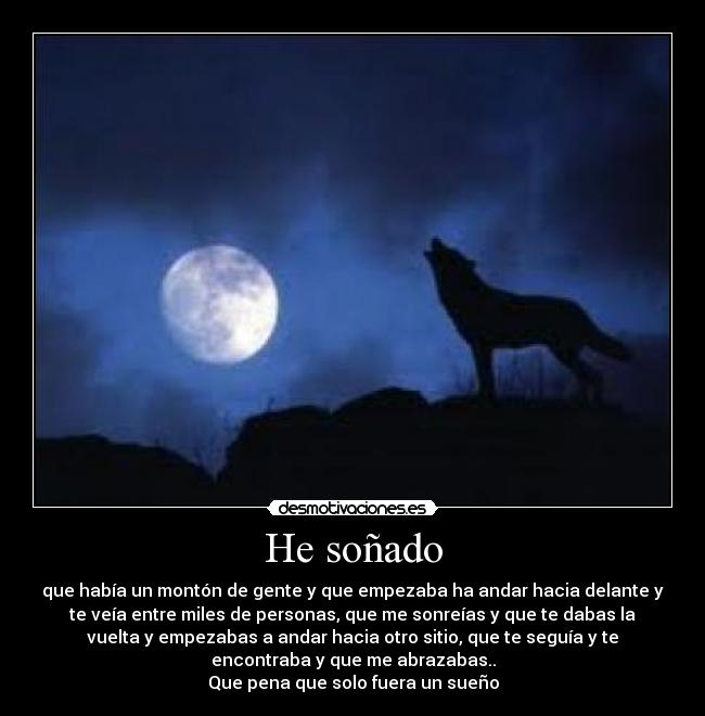 He soñado - que había un montón de gente y que empezaba ha andar hacia delante y
te veía entre miles de personas, que me sonreías y que te dabas la
vuelta y empezabas a andar hacia otro sitio, que te seguía y te
encontraba y que me abrazabas..
Que pena que solo fuera un sueño