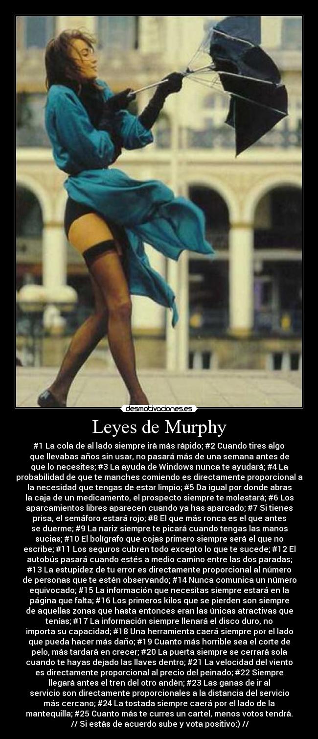 Leyes de Murphy - #1 La cola de al lado siempre irá más rápido; #2 Cuando tires algo
que llevabas años sin usar, no pasará más de una semana antes de
que lo necesites; #3 La ayuda de Windows nunca te ayudará; #4 La
probabilidad de que te manches comiendo es directamente proporcional a
la necesidad que tengas de estar limpio; #5 Da igual por donde abras
la caja de un medicamento, el prospecto siempre te molestará; #6 Los
aparcamientos libres aparecen cuando ya has aparcado; #7 Si tienes
prisa, el semáforo estará rojo; #8 El que más ronca es el que antes
se duerme; #9 La nariz siempre te picará cuando tengas las manos
sucias; #10 El bolígrafo que cojas primero siempre será el que no
escribe; #11 Los seguros cubren todo excepto lo que te sucede; #12 El
autobús pasará cuando estés a medio camino entre las dos paradas;
#13 La estupidez de tu error es directamente proporcional al número
de personas que te estén observando; #14 Nunca comunica un número
equivocado; #15 La información que necesitas siempre estará en la
página que falta; #16 Los primeros kilos que se pierden son siempre
de aquellas zonas que hasta entonces eran las únicas atractivas que
tenías; #17 La información siempre llenará el disco duro, no
importa su capacidad; #18 Una herramienta caerá siempre por el lado
que pueda hacer más daño; #19 Cuanto más horrible sea el corte de
pelo, más tardará en crecer; #20 La puerta siempre se cerrará sola
cuando te hayas dejado las llaves dentro; #21 La velocidad del viento
es directamente proporcional al precio del peinado; #22 Siempre
llegará antes el tren del otro andén; #23 Las ganas de ir al
servicio son directamente proporcionales a la distancia del servicio
más cercano; #24 La tostada siempre caerá por el lado de la
mantequilla; #25 Cuanto más te curres un cartel, menos votos tendrá.
 // Si estás de acuerdo sube y vota positivo:) //