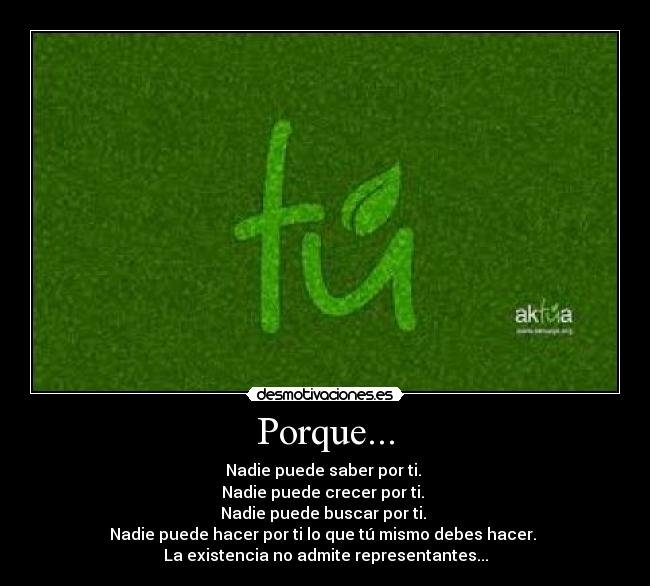 Porque... - Nadie puede saber por ti.
Nadie puede crecer por ti.
Nadie puede buscar por ti.
Nadie puede hacer por ti lo que tú mismo debes hacer.
La existencia no admite representantes...