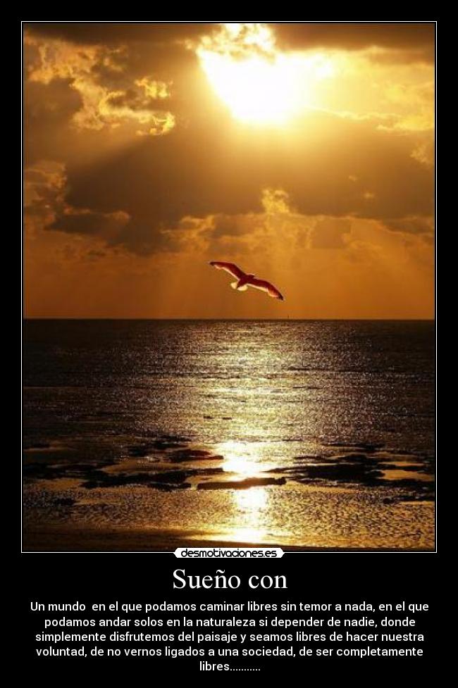 Sueño con - Un mundo en el que podamos caminar libres sin temor a nada, en el que
podamos andar solos en la naturaleza si depender de nadie, donde
simplemente disfrutemos del paisaje y seamos libres de hacer nuestra
voluntad, de no vernos ligados a una sociedad, de ser completamente
libres...........