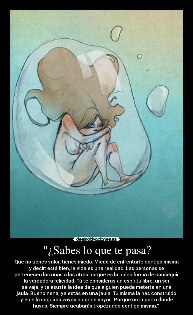 ¿Sabes lo que te pasa? - Que no tienes valor, tienes miedo. Miedo de enfrentarte contigo misma
y decir: está bien, la vida es una realidad. Las personas se
pertenecen las unas a las otras porque es la única forma de conseguir
la verdadera felicidad. Tú te consideras un espíritu libre, un ser
salvaje, y te asusta la idea de que alguien pueda meterte en una
jaula. Bueno nena, ya estás en una jaula. Tu misma la has construido
y en ella seguirás vayas a donde vayas. Porque no importa donde
huyas. Siempre acabarás tropezando contigo misma.