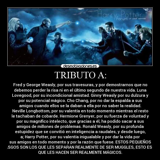 TRIBUTO A: - Fred y George Weasly, por sus travesuras, y por demostrarnos que no
debemos perder la risa ni en el último segundo de nuestra vida. Luna
Lovegood, por su incondicional amistad. Ginny Weasly por su dulzura y
por su potencial mágico. Cho Chang, por no dar la espalda a sus
amigos cuando ellos se la daban a ella por no saber la realidad.
Neville Longbottom, por su valentía en todo momento mientras el resto
le tachaban de cobarde. Hermione Grenyer, por su fuerza de voluntad y
por su magnífico intelecto, que gracias a él, ha podido sacar a sus
amigos de millones de problemas. Ronald Weasly, por su profunda
estupidez que se convitió en inteligencia a raudales, y desde luego,
a; Harry Potter, por su valentía inigualable y por dar la vida por
sus amigos en todo momento y por la razón que fuese. ESTOS PEQUEÑOS
RASGOS SON LOS QUE LES SEPARAN REALMENTE DE SER MUGGLES, ESTO ES LO
QUE LES HACEN SER REALMENTE MÁGICOS.