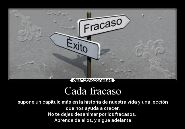 Cada fracaso - supone un capítulo más en la historia de nuestra vida y una lección
que nos ayuda a crecer.
No te dejes desanimar por los fracasos. 
Aprende de ellos, y sigue adelante