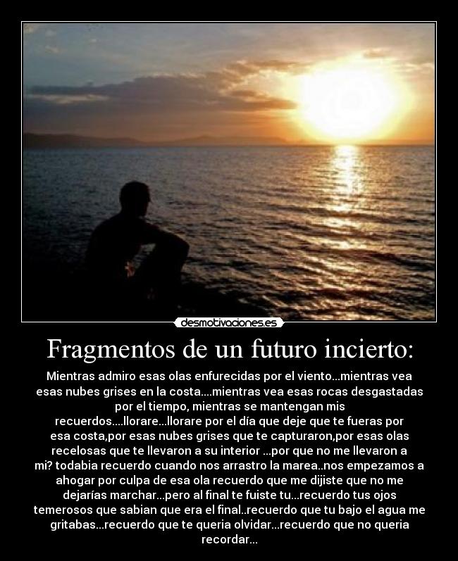 Fragmentos de un futuro incierto: - Mientras admiro esas olas enfurecidas por el viento...mientras vea
esas nubes grises en la costa....mientras vea esas rocas desgastadas
por el tiempo, mientras se mantengan mis
recuerdos....llorare...llorare por el día que deje que te fueras por
esa costa,por esas nubes grises que te capturaron,por esas olas
recelosas que te llevaron a su interior ...por que no me llevaron a
mi? todabia recuerdo cuando nos arrastro la marea..nos empezamos a
ahogar por culpa de esa ola recuerdo que me dijiste que no me
dejarías marchar...pero al final te fuiste tu...recuerdo tus ojos
temerosos que sabian que era el final..recuerdo que tu bajo el agua me
gritabas...recuerdo que te queria olvidar...recuerdo que no queria
recordar...