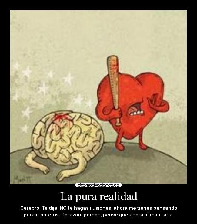 La pura realidad - Cerebro: Te dije, NO te hagas ilusiones, ahora me tienes pensando
puras tonteras. Corazón: perdon, pensé que ahora si resultaría