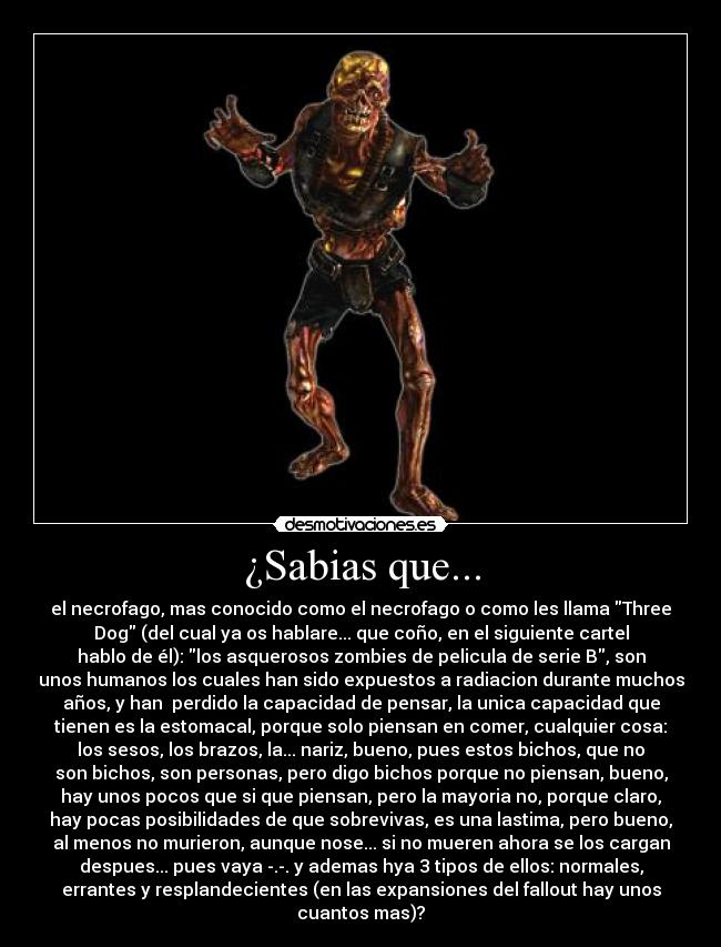 ¿Sabias que... - el necrofago, mas conocido como el necrofago o como les llama Three
Dog (del cual ya os hablare... que coño, en el siguiente cartel
hablo de él): los asquerosos zombies de pelicula de serie B, son
unos humanos los cuales han sido expuestos a radiacion durante muchos
años, y han perdido la capacidad de pensar, la unica capacidad que
tienen es la estomacal, porque solo piensan en comer, cualquier cosa:
los sesos, los brazos, la... nariz, bueno, pues estos bichos, que no
son bichos, son personas, pero digo bichos porque no piensan, bueno,
hay unos pocos que si que piensan, pero la mayoria no, porque claro,
hay pocas posibilidades de que sobrevivas, es una lastima, pero bueno,
al menos no murieron, aunque nose... si no mueren ahora se los cargan
despues... pues vaya -.-. y ademas hya 3 tipos de ellos: normales,
errantes y resplandecientes (en las expansiones del fallout hay unos
cuantos mas)?
