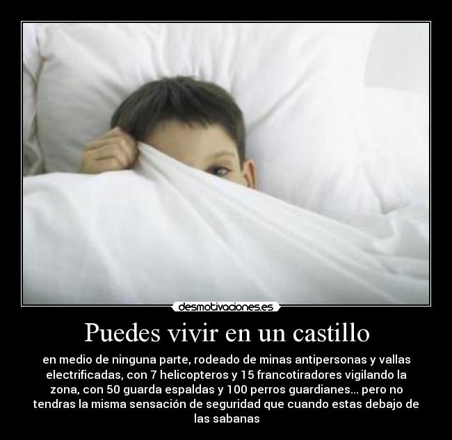 Puedes vivir en un castillo - en medio de ninguna parte, rodeado de minas antipersonas y vallas
electrificadas, con 7 helicopteros y 15 francotiradores vigilando la
zona, con 50 guarda espaldas y 100 perros guardianes... pero no
tendras la misma sensación de seguridad que cuando estas debajo de
las sabanas