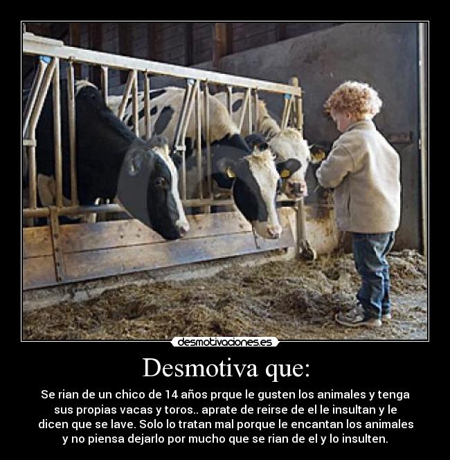 Desmotiva que: - Se rian de un chico de 14 años prque le gusten los animales y tenga
sus propias vacas y toros.. aprate de reirse de el le insultan y le
dicen que se lave. Solo lo tratan mal porque le encantan los animales
y no piensa dejarlo por mucho que se rian de el y lo insulten.