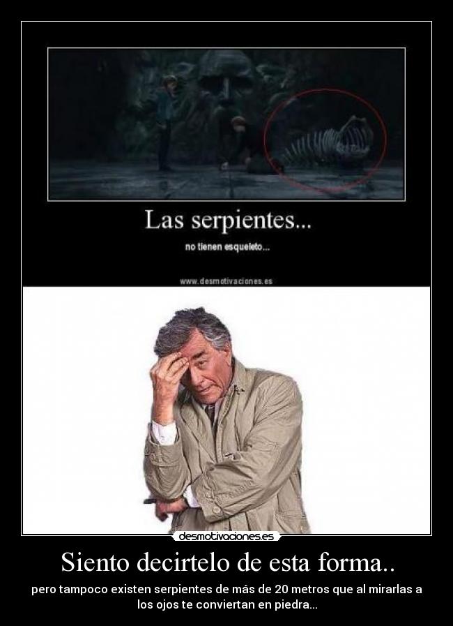 Siento decirtelo de esta forma.. - pero tampoco existen serpientes de más de 20 metros que al mirarlas a
los ojos te conviertan en piedra...