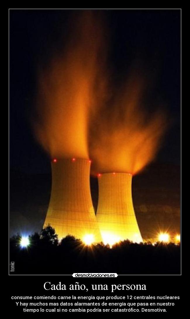 Cada año, una persona - consume comiendo carne la energía que produce 12 centrales nucleares
Y hay muchos mas datos alarmantes de energía que pasa en nuestro
tiempo lo cual si no cambia podría ser catastrófico. Desmotiva.