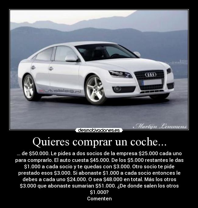 Quieres comprar un coche... - ... de $50.000. Le pides a dos socios de la empresa $25.000 cada uno
para comprarlo. El auto cuesta $45.000. De los $5.000 restantes le das
$1.000 a cada socio y te quedas con $3.000. Otro socio te pide
prestado esos $3.000. Si abonaste $1.000 a cada socio entonces le
debes a cada uno $24.000. O sea $48.000 en total. Más los otros
$3.000 que abonaste sumarian $51.000. ¿De donde salen los otros
$1.000?
Comenten