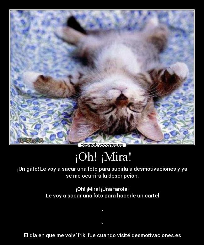 ¡Oh! ¡Mira! - ¡Un gato! Le voy a sacar una foto para subirla a desmotivaciones y ya
se me ocurrirá la descripción.

¡Oh! ¡Mira! ¡Una farola!
Le voy a sacar una foto para hacerle un cartel

.
.
.

El día en que me volví friki fue cuando visité desmotivaciones.es