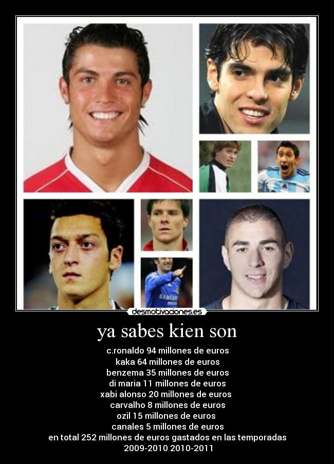 ya sabes kien son - c.ronaldo 94 millones de euros
kaka 64 millones de euros
benzema 35 millones de euros
di maria 11 millones de euros
xabi alonso 20 millones de euros
carvalho 8 millones de euros
ozil 15 millones de euros
canales 5 millones de euros
en total 252 millones de euros gastados en las temporadas
2009-2010 2010-2011