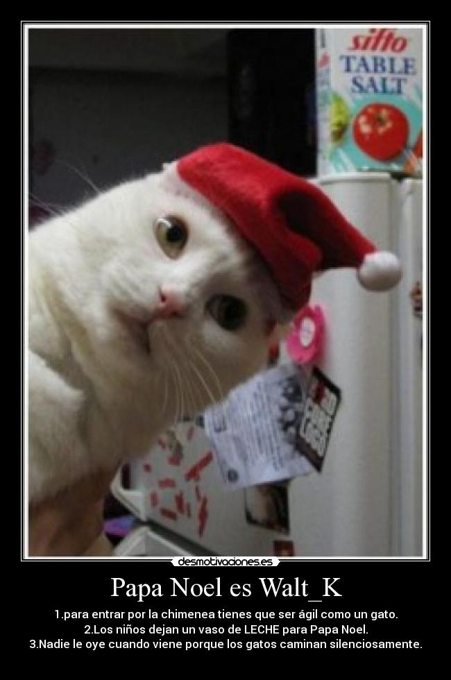 Papa Noel es Walt_K - 1.para entrar por la chimenea tienes que ser ágil como un gato.
2.Los niños dejan un vaso de LECHE para Papa Noel.
3.Nadie le oye cuando viene porque los gatos caminan silenciosamente.