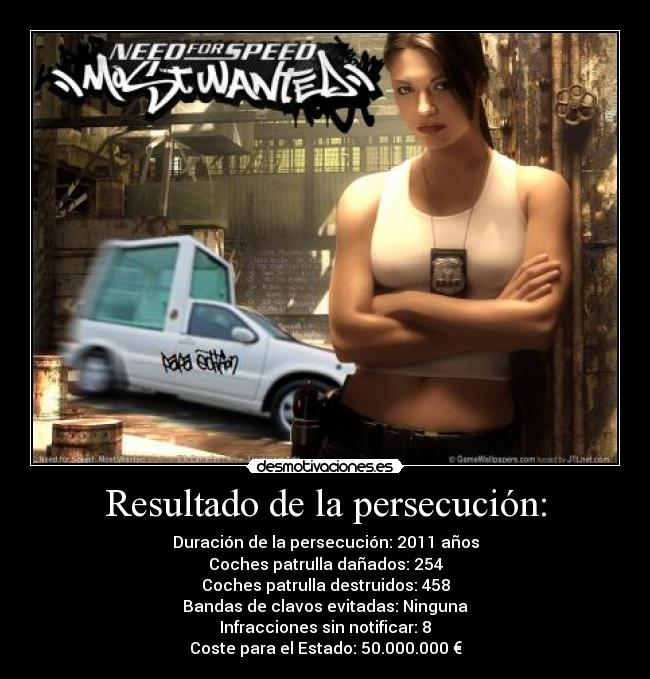 Resultado de la persecución: - Duración de la persecución: 2011 años
Coches patrulla dañados: 254
Coches patrulla destruidos: 458
Bandas de clavos evitadas: Ninguna
Infracciones sin notificar: 8
Coste para el Estado: 50.000.000 €