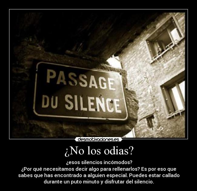 ¿No los odias? -  ¿esos silencios incómodos?
¿Por qué necesitamos decir algo para rellenarlos? Es por eso que
sabes que has encontrado a alguien especial. Puedes estar callado
durante un puto minuto y disfrutar del silencio.