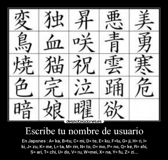 Escribe tu nombre de usuario - En Japones : A= ka, B=tu, C= mi, D= te, E= ku, F=lu, G= ji, H= ri, I=
ki, J= zu, K= me, L= ta, M= rin, N= to, O= mo, P= no, Q= ke, R= shi,
S= ari, T= chi, U= do, V= ru, W=mei, X= na, Y= fu, Z= zi....